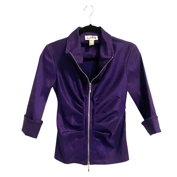 Joseph Ribkoff Top Womens 4 Purple Cocktail Evening Shiny Full Zip Up Gathered - Picture 1 of 8